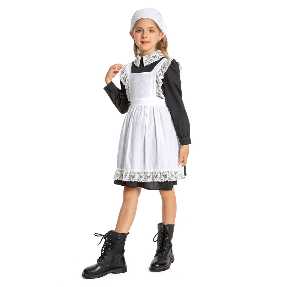 Kinder Mädchen Thanksgiving 17. Jahrhundert Kolonialstil Pilger Hirtenmädchen Kleid Cosplay Kostüm Outfits Halloween Karneval Anzug