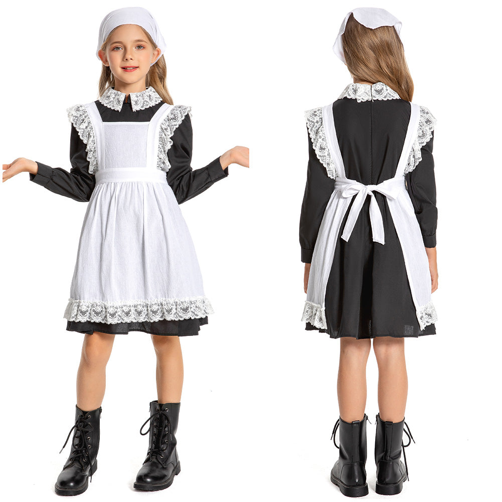 Kinder Mädchen Thanksgiving 17. Jahrhundert Kolonialstil Pilger Hirtenmädchen Kleid Cosplay Kostüm Outfits Halloween Karneval Anzug