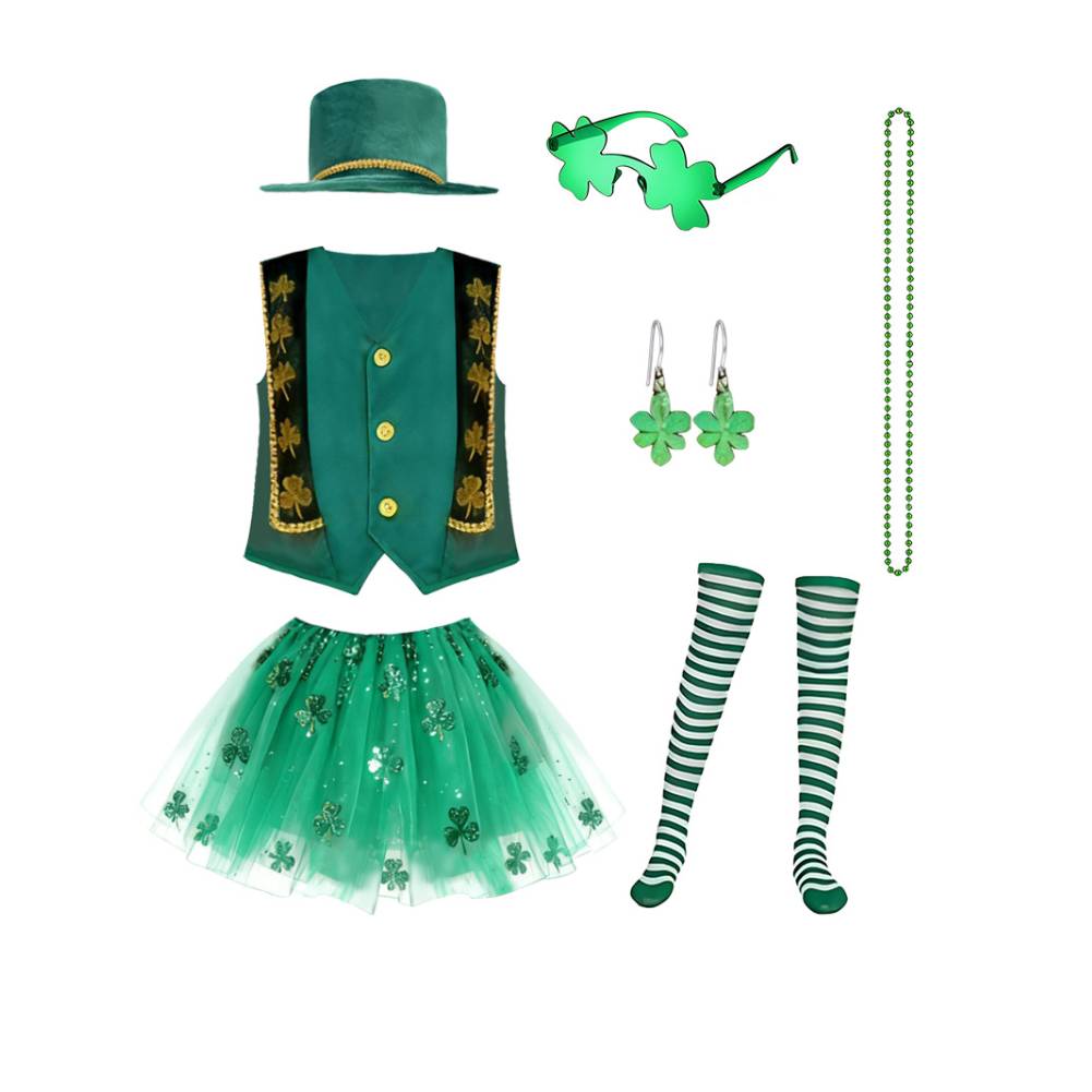 Kinder St. Patrick Cosplay Kostüm Kleeblatt Hut Rock Zubehör Party Halloween Karneval Anzug