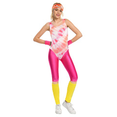 80er Jahre Erwachsene Damen gedruckte Jumpsuit Jogginganzug Kostüm 6.tlg rosa