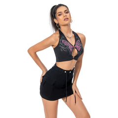 Damen Y2K Sommer Neckholder Kleid schwarz
