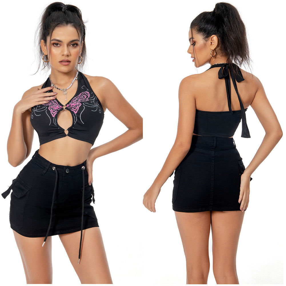 Damen Y2K Sommer Neckholder Kleid schwarz