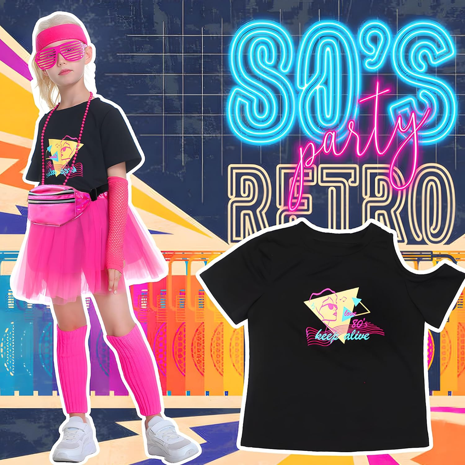 Kinder Mädchen 9Stück 80s Kostüm Set T-Shirt Tutu Fancy Outfits 1980s Party Kleid Faschingkostüm