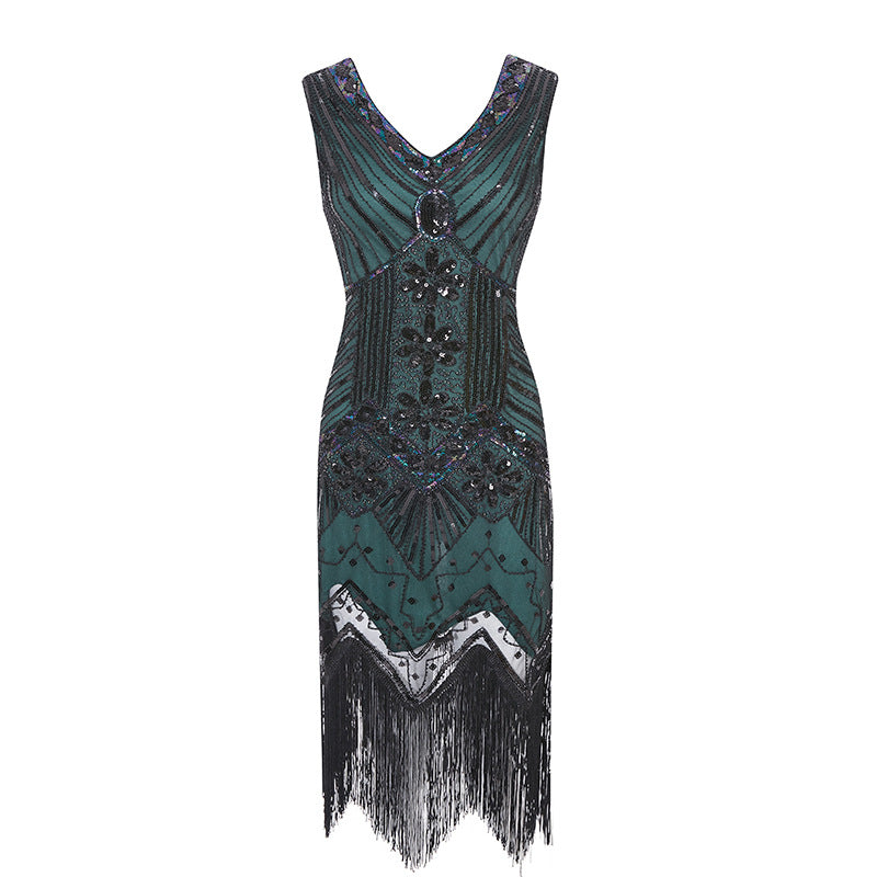 Damen Erwachsene Flapper Kleider Charleston Kleid Voller Pailletten Retro 1920er Jahre Stil V-Ausschnitt Motto Party Kostüm Kleid