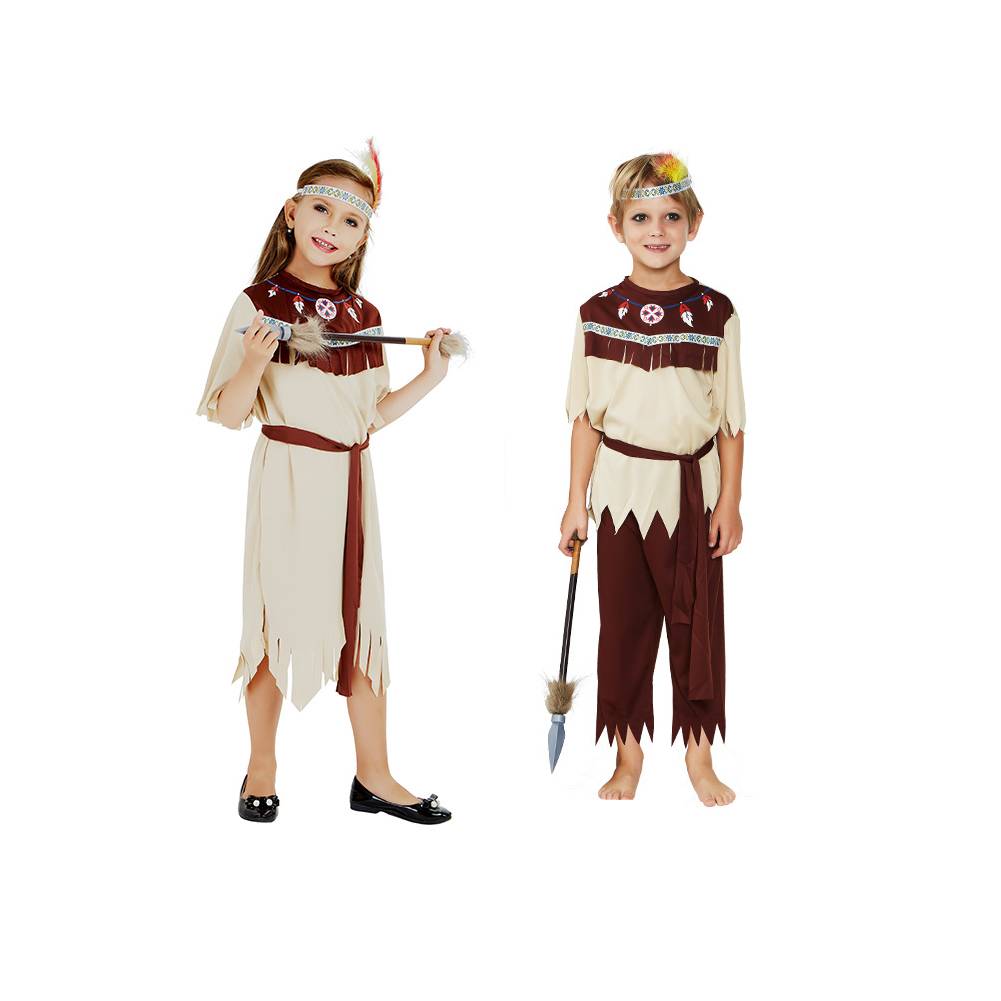 Halloween Kostüme für Erwachsene Grau-Weiß Indianer Kostüm Wilden-Kleidung für Herren & Damen