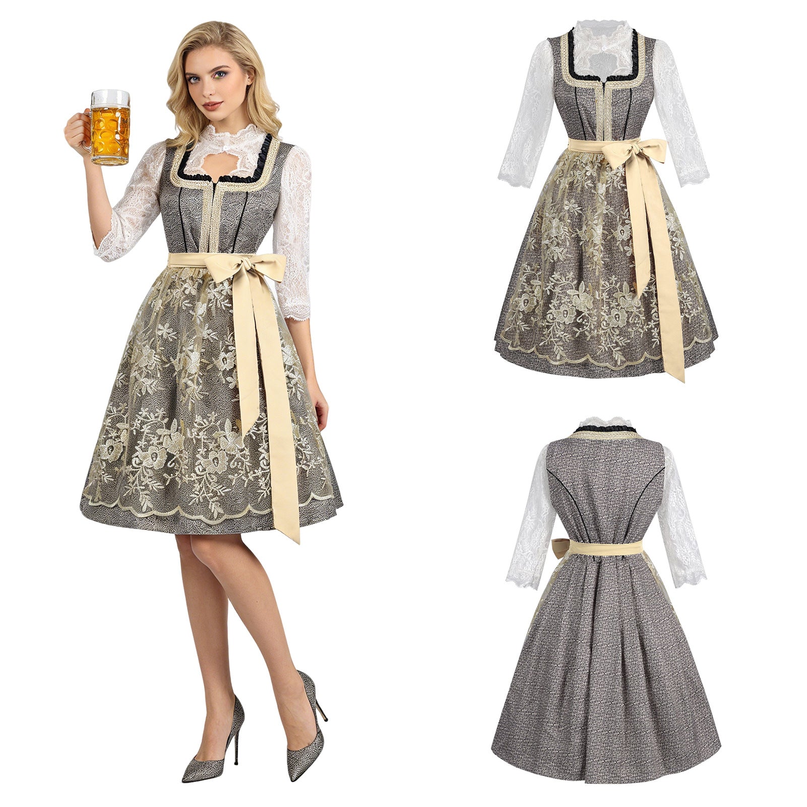 Aufwendig verarbeitetes Damen Dirndl-Kostüm mit Spitzenmieder - Bayerisches Trachtenkleid für Oktoberfest, Fasching & Halloween