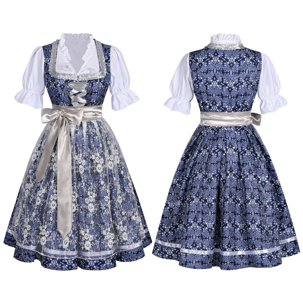 Damen Oktoberfest Dirndl-Kostüm mit Blumenmuster - Bayerisches Trachtenkleid im Mägde-Look für Fasching & Cosplay