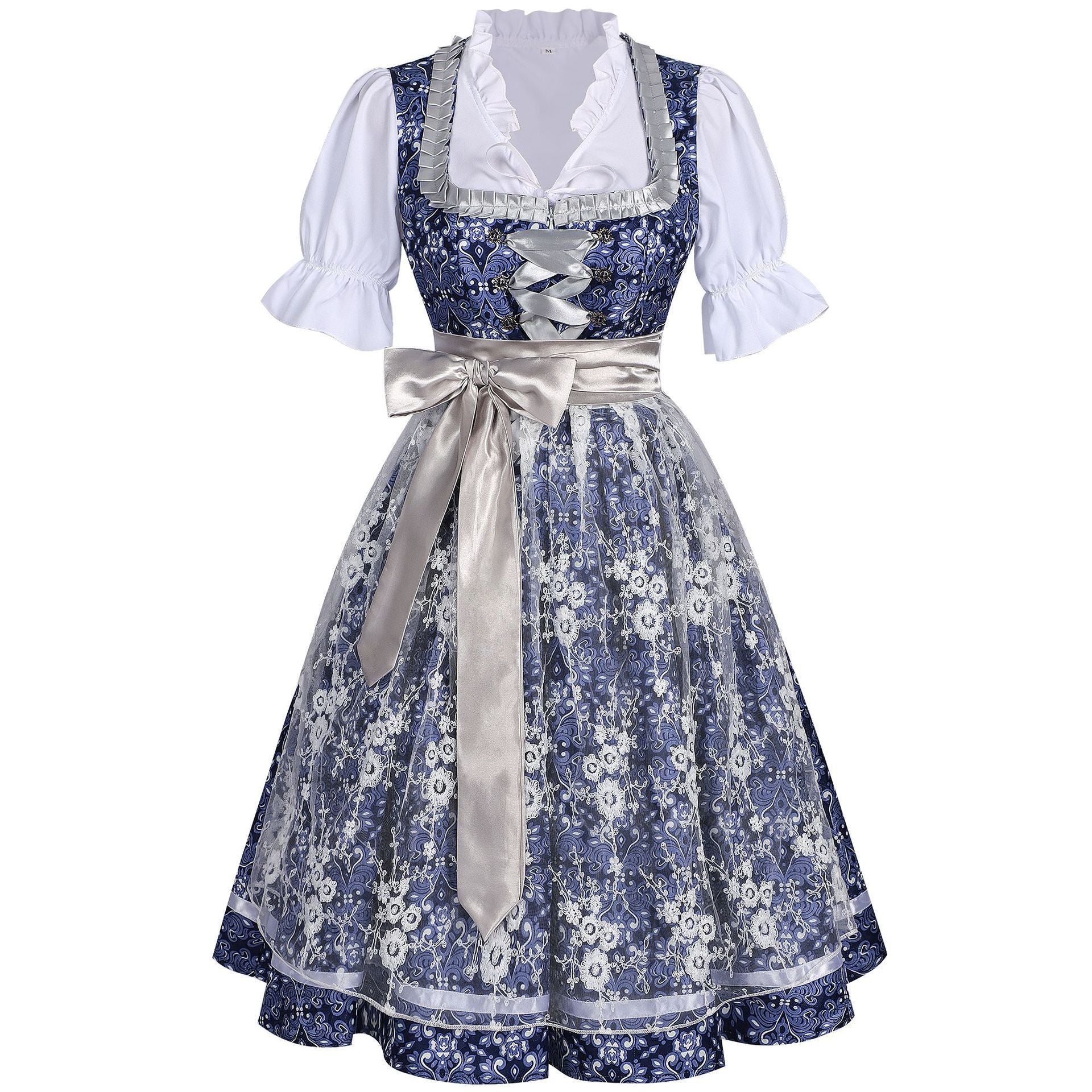 Damen Oktoberfest Dirndl-Kostüm mit Blumenmuster - Bayerisches Trachtenkleid im Mägde-Look für Fasching & Cosplay