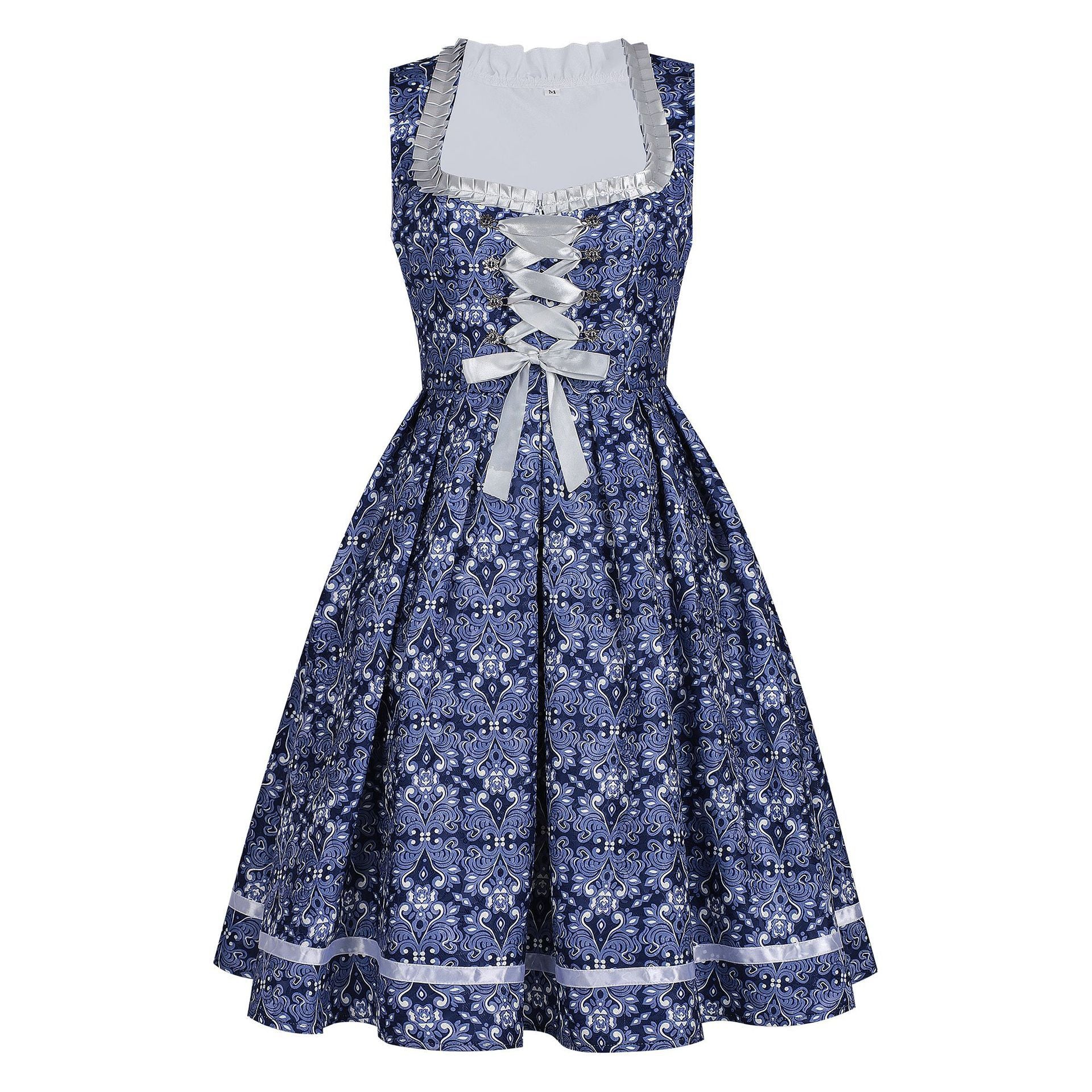 Damen Oktoberfest Dirndl-Kostüm mit Blumenmuster - Bayerisches Trachtenkleid im Mägde-Look für Fasching & Cosplay