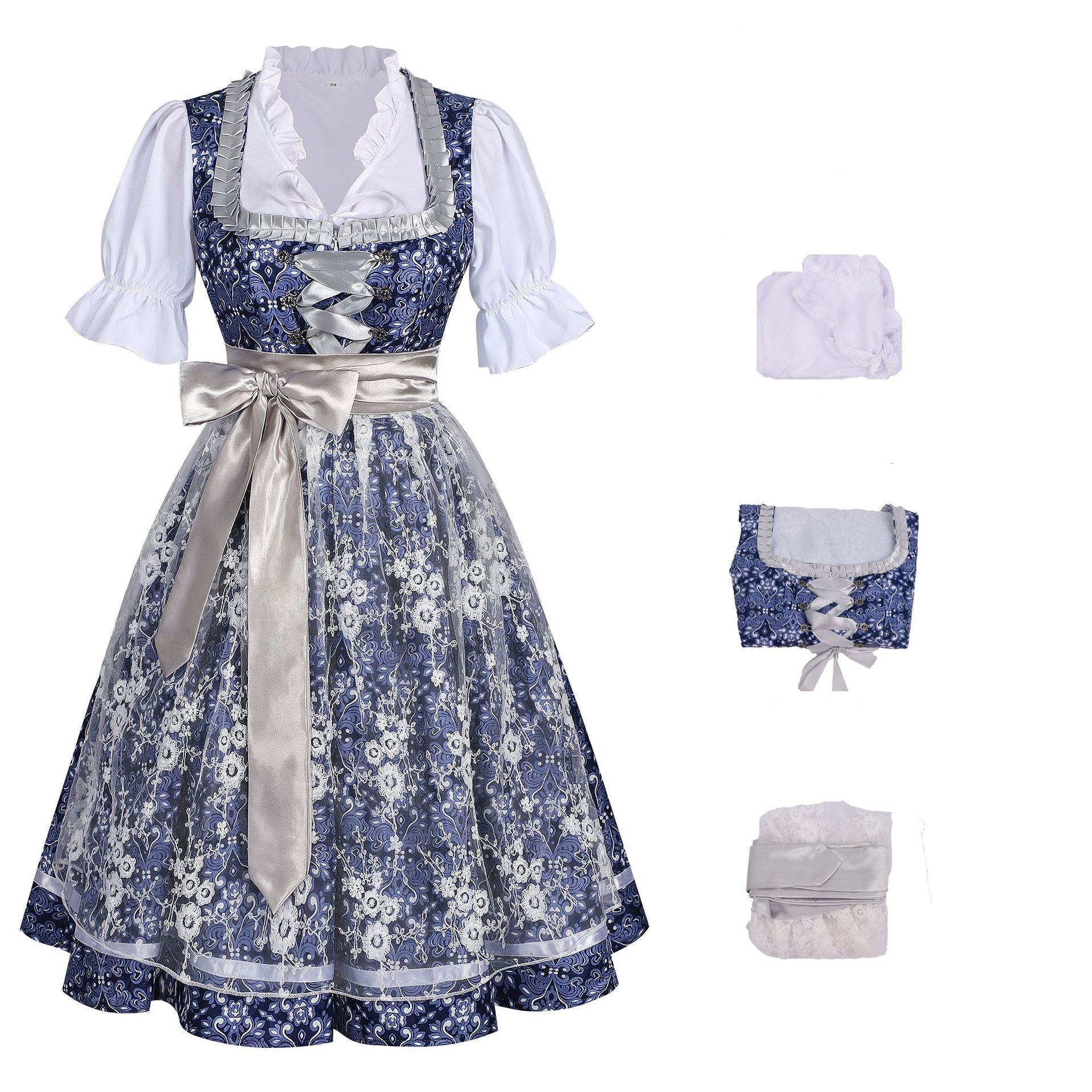 Damen Oktoberfest Dirndl-Kostüm mit Blumenmuster - Bayerisches Trachtenkleid im Mägde-Look für Fasching & Cosplay