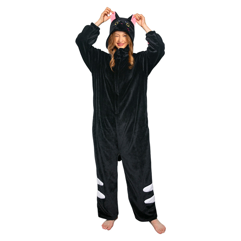 Erwachsene Damen schwarze katze Tierkostüm Schlafanzug einteiliger Pyjama