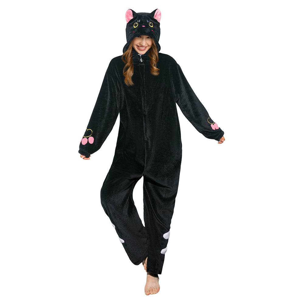 Erwachsene Damen schwarze katze Tierkostüm Schlafanzug einteiliger Pyjama