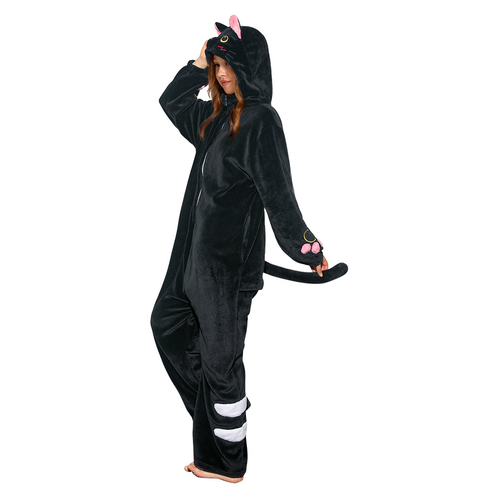Erwachsene Damen schwarze katze Tierkostüm Schlafanzug einteiliger Pyjama