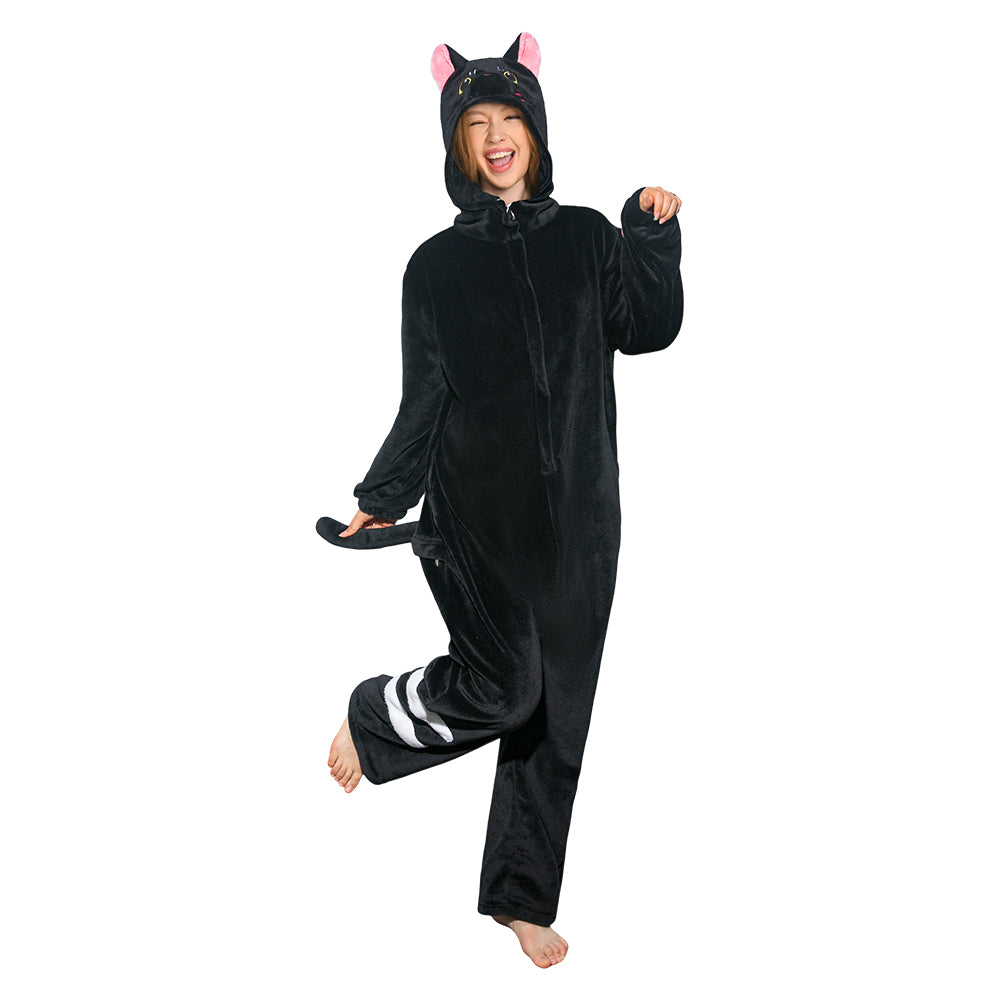 Erwachsene Damen schwarze katze Tierkostüm Schlafanzug einteiliger Pyjama