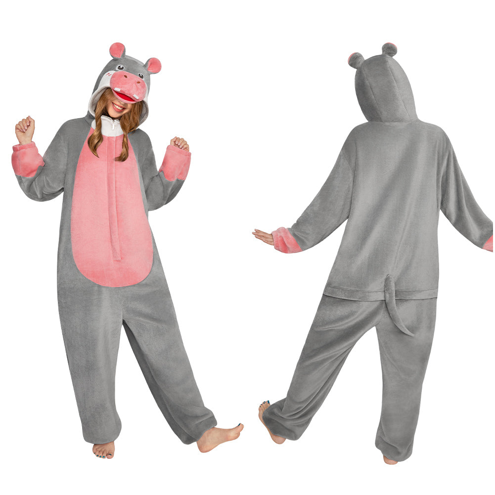 Erwachsene Unisex Nilpferd Tierkostüm grau Schlafanzug einteiliger Pyjama