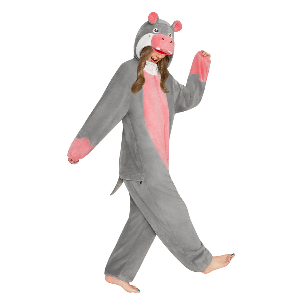 Erwachsene Unisex Nilpferd Tierkostüm grau Schlafanzug einteiliger Pyjama