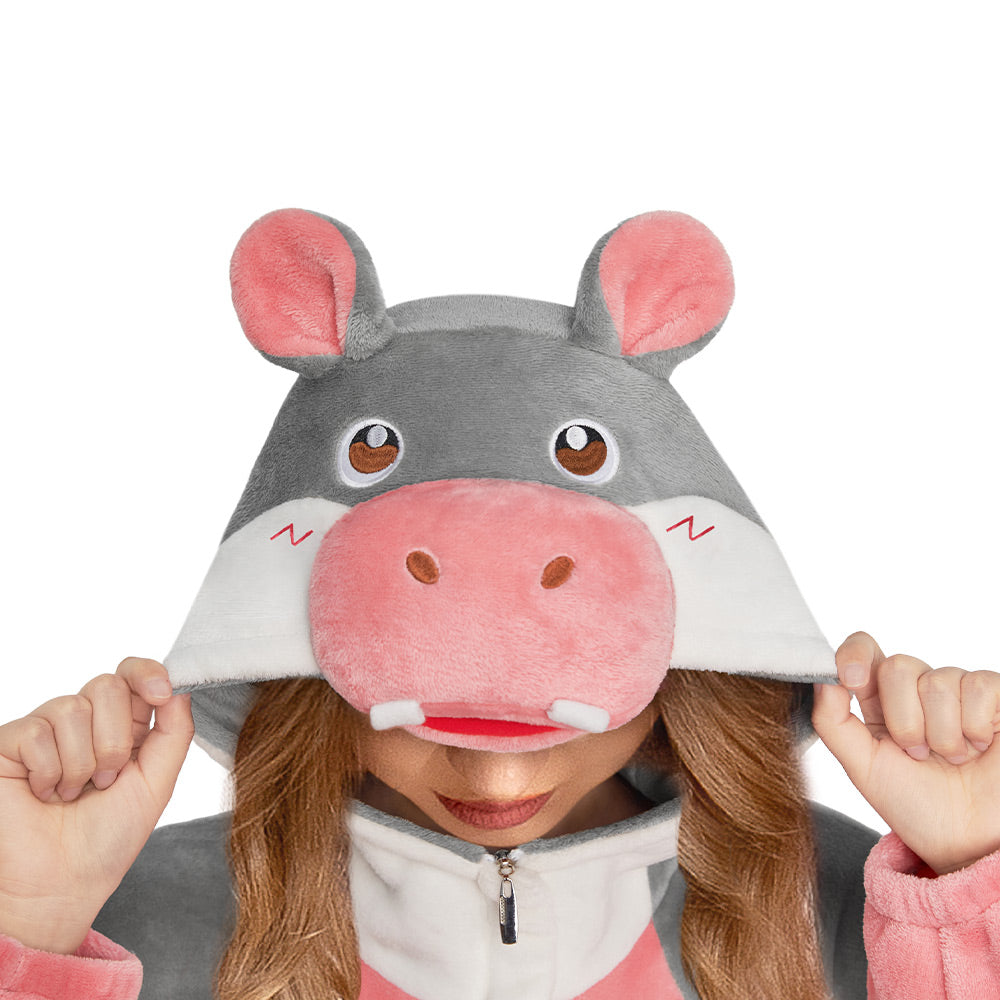 Erwachsene Unisex Nilpferd Tierkostüm grau Schlafanzug einteiliger Pyjama