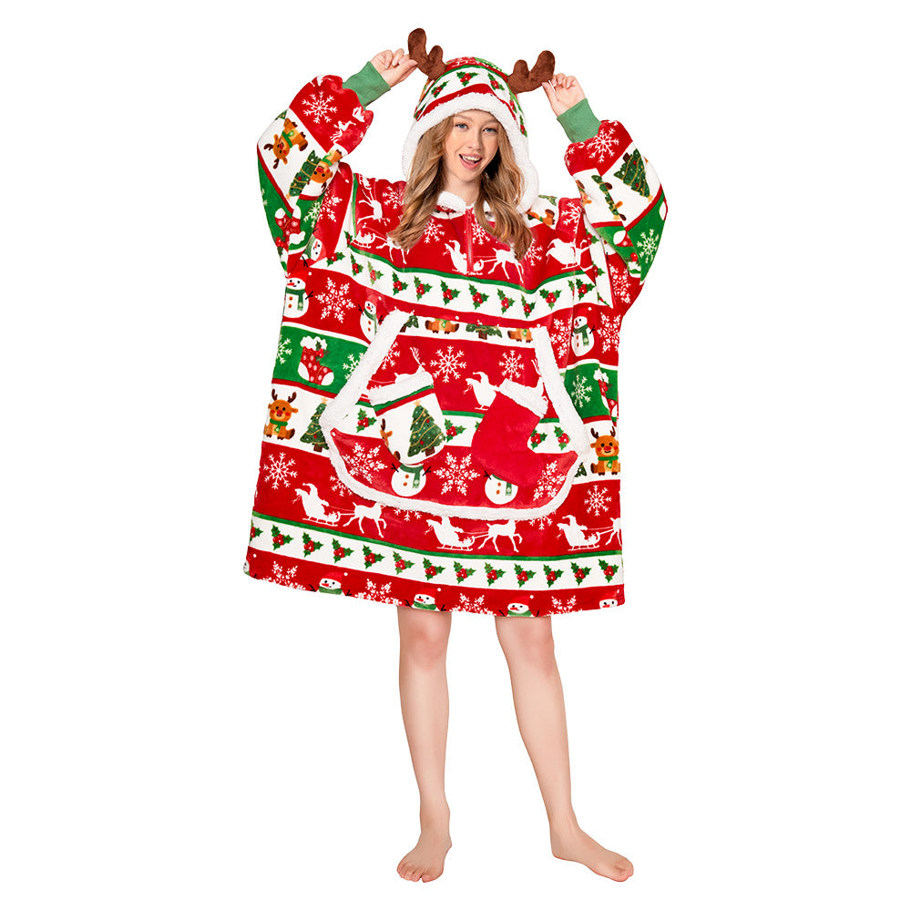 Erwachsene Unisex Weihnacht Decke tragbar Decke mit Kapuze Elch Homewear