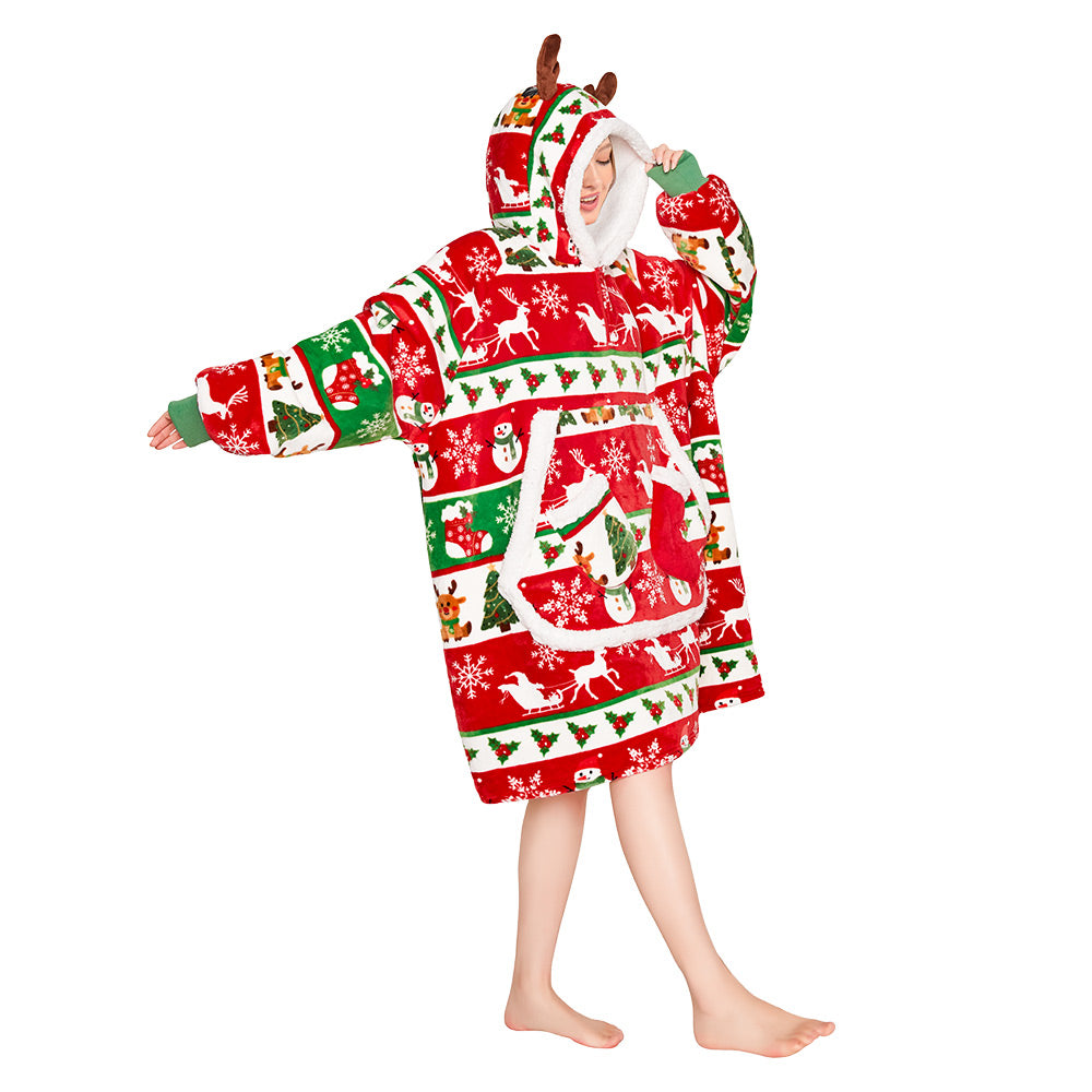 Erwachsene Unisex Weihnacht Decke tragbar Decke mit Kapuze Elch Homewear