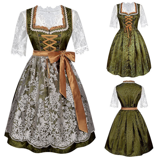 Grünes Damen Dirndl 3-teilig mit Bluse & Schürze - Bayerisches Trachtenkleid für Oktoberfest & Fasching
