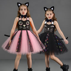 Kinder Mädchen Katze tutu Kleid schwarz weiß Cosplay Kostüm Halloween Karneval Party Anzug