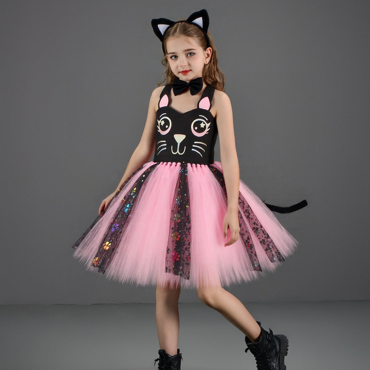 Kinder Mädchen Katze tutu Kleid schwarz weiß Cosplay Kostüm Halloween Karneval Party Anzug