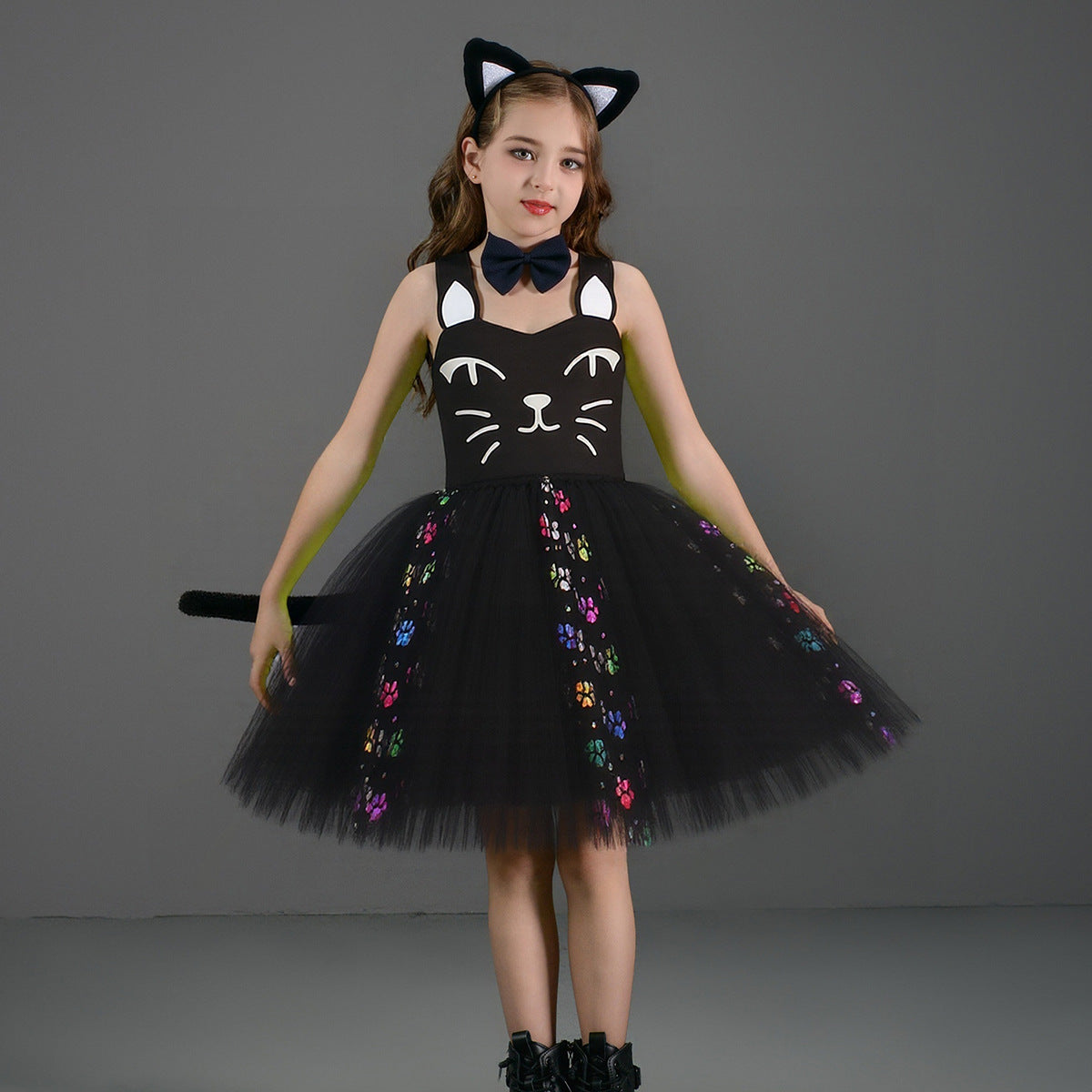 Kinder Mädchen Katze tutu Kleid schwarz weiß Cosplay Kostüm Halloween Karneval Party Anzug