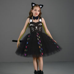 Kinder Mädchen Katze tutu Kleid schwarz weiß Cosplay Kostüm Halloween Karneval Party Anzug
