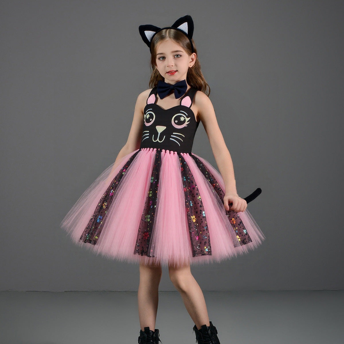 Kinder Mädchen Katze tutu Kleid schwarz weiß Cosplay Kostüm Halloween Karneval Party Anzug