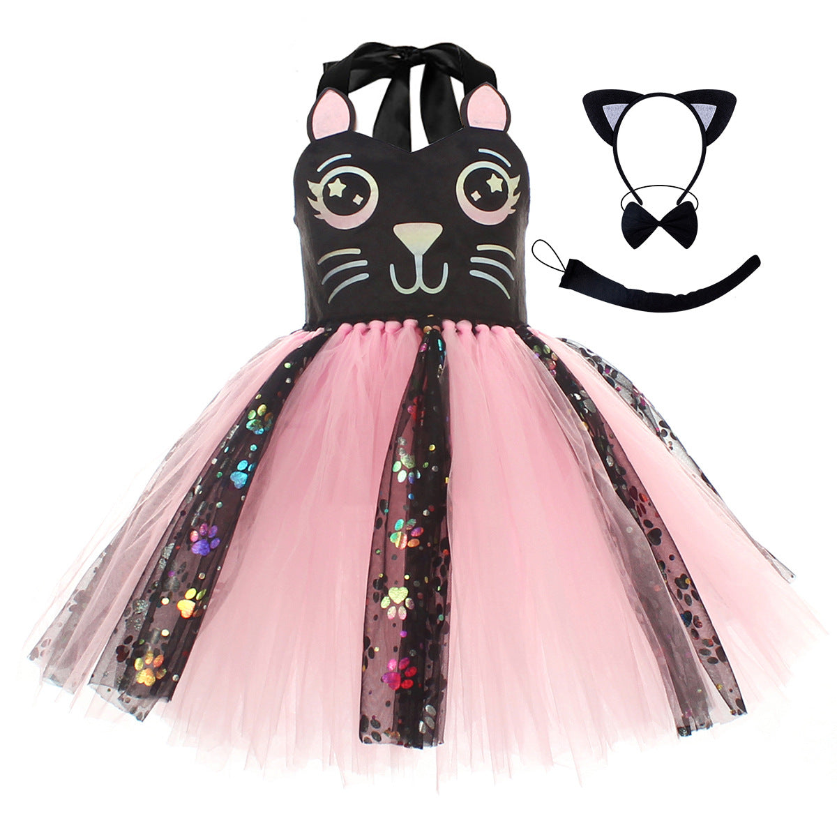 Kinder Mädchen Katze tutu Kleid schwarz weiß Cosplay Kostüm Halloween Karneval Party Anzug