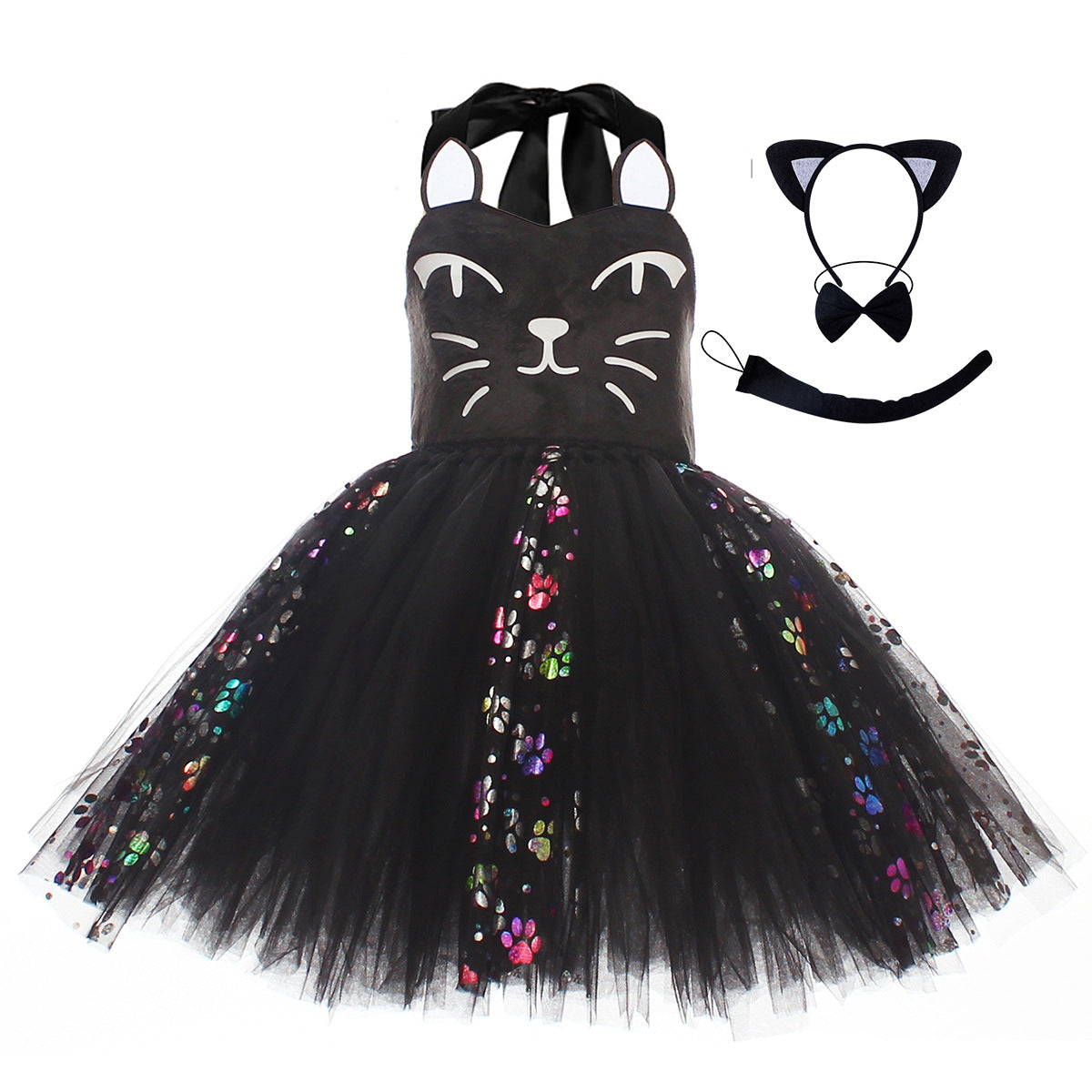 Kinder Mädchen Katze tutu Kleid schwarz weiß Cosplay Kostüm Halloween Karneval Party Anzug