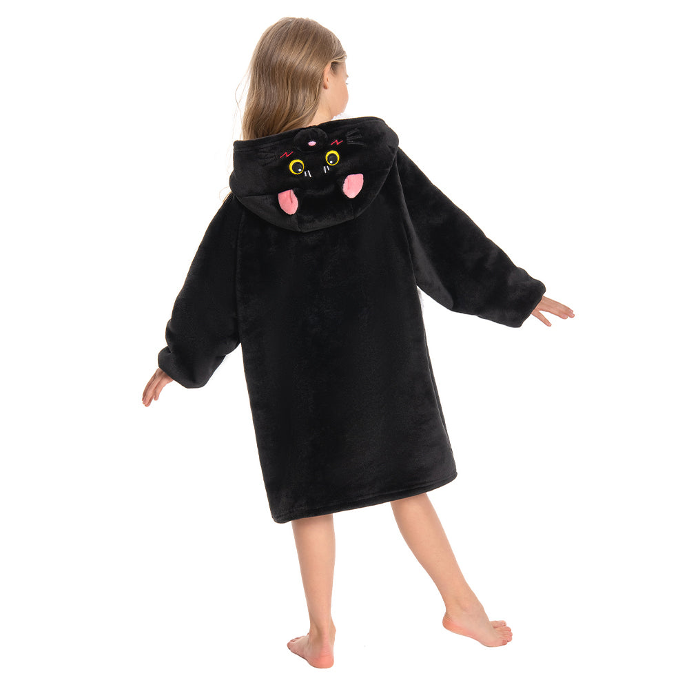Kinder schwarze Katze tragbar Decke mit Kapuze Tiekostüm Homewear