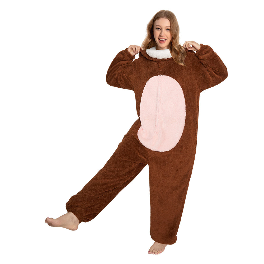 Lustiger Bär Onesie für Erwachsene – Flauschiger Fleece Tier-Jumpsuit & Schlafanzug braun