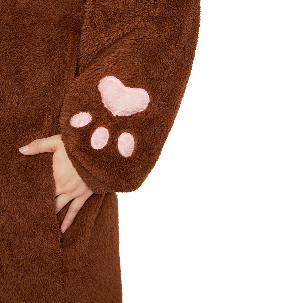 Lustiger Bär Onesie für Erwachsene – Flauschiger Fleece Tier-Jumpsuit & Schlafanzug braun