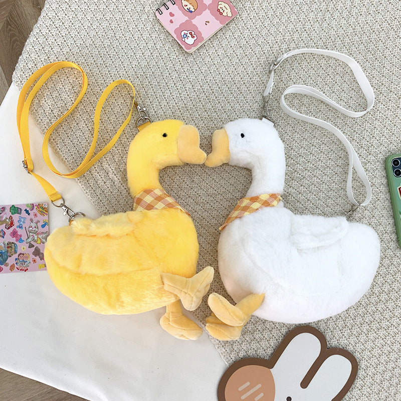 Niedliche Plüsch-Gans Umhängetasche weiß gelb – Süße Gans Crossbody-Tasche & Schultertasche