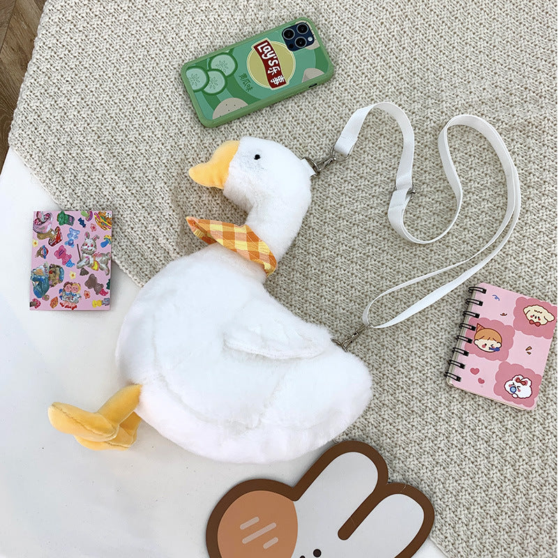 Niedliche Plüsch-Gans Umhängetasche weiß gelb – Süße Gans Crossbody-Tasche & Schultertasche