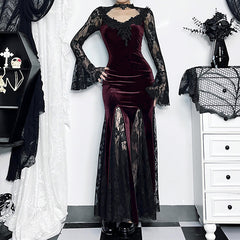 Damen Gothic Kleid Sexy Schlank Halloween Tief Spitze Fischschwanz Langarmkleider