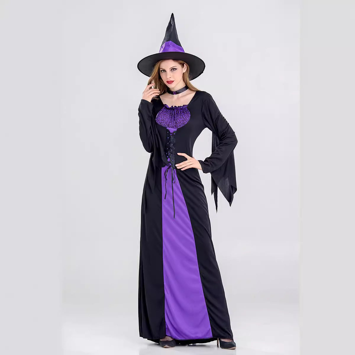 Damen Halloween Hexe Kostüm Erwachsene lila Hexe langes Kleid