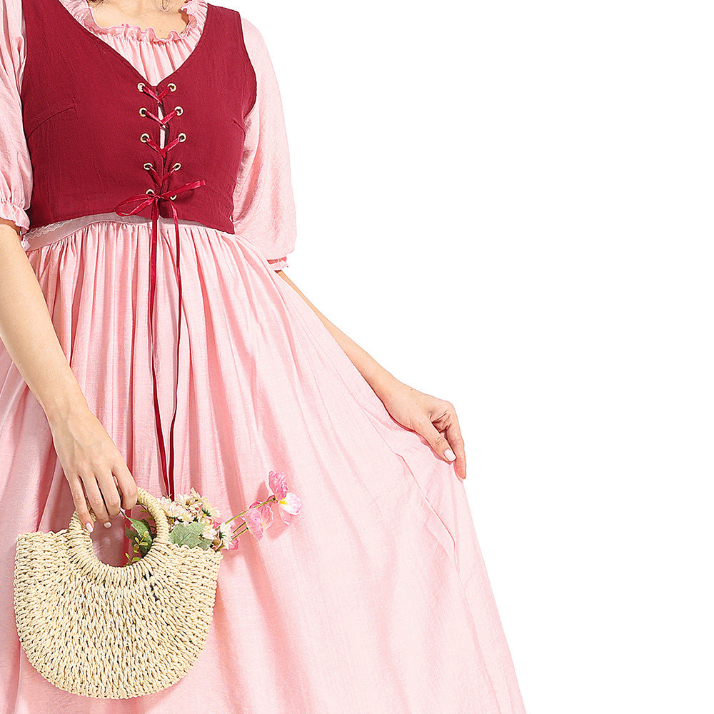 Damen Vintage Rosa Kleid Renaissance Viktorianisch Mittelalterlich Kleidung