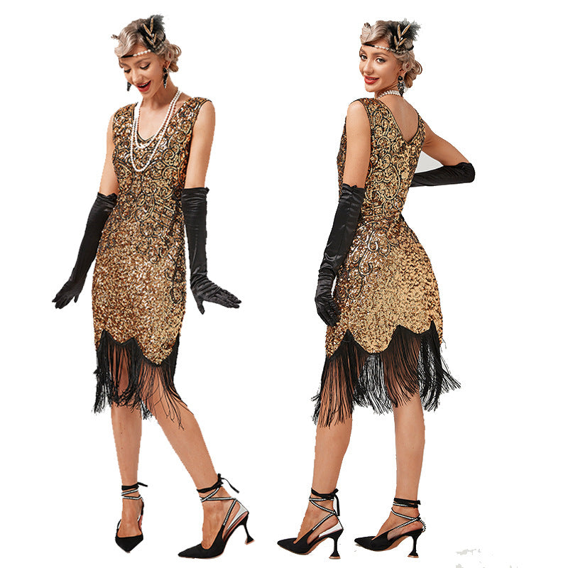 Retro 1920er Stil Flapper Kleider Charleston Kleid Damen V Ausschnitt Motto Party Kleider