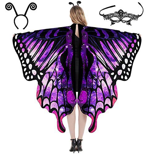 Schmetterling Kostüm Damen Schmetterlingsflügel Erwachsene Zweistufiges Karneval kostüm damen schmetterling Umhang Verkleidung Schmetterlings Kostüm Zubehör 3Set Schmetterling Haarreif Gesichtsmaske