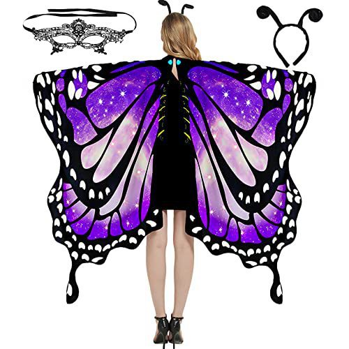 Schmetterling Kostüm Damen Schmetterlingsflügel Erwachsene Zweistufiges Karneval kostüm damen schmetterling Umhang Verkleidung Schmetterlings Kostüm Zubehör 3Set Schmetterling Haarreif Gesichtsmaske