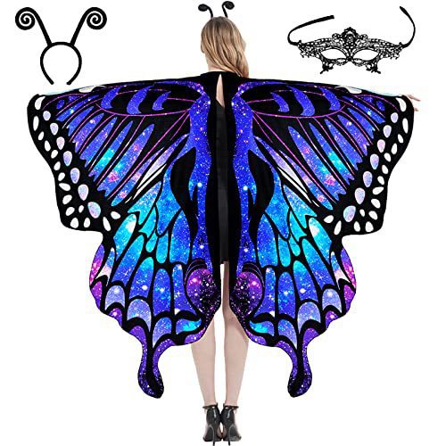 Schmetterling Kostüm Damen Schmetterlingsflügel Erwachsene Zweistufiges Karneval kostüm damen schmetterling Umhang Verkleidung Schmetterlings Kostüm Zubehör 3Set Schmetterling Haarreif Gesichtsmaske