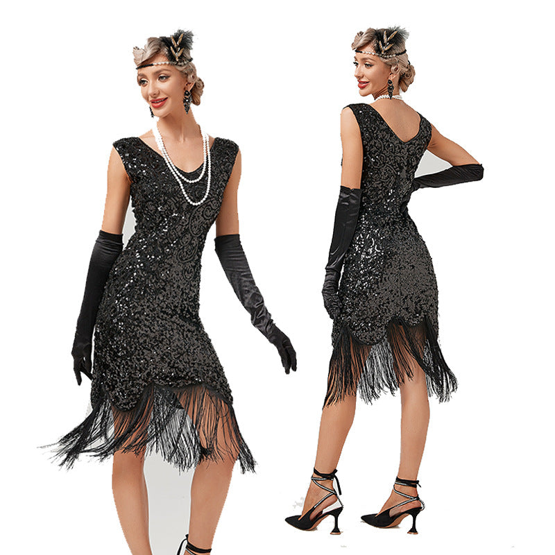 Retro 1920er Stil Flapper Kleider Charleston Kleid Damen V Ausschnitt Motto Party Kleider