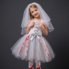 Zombie Braut Kostüm Mädchen – Halloween Tüllkleid mit Blut-Optik, Geisterbraut Tutu Kleid für Kinder