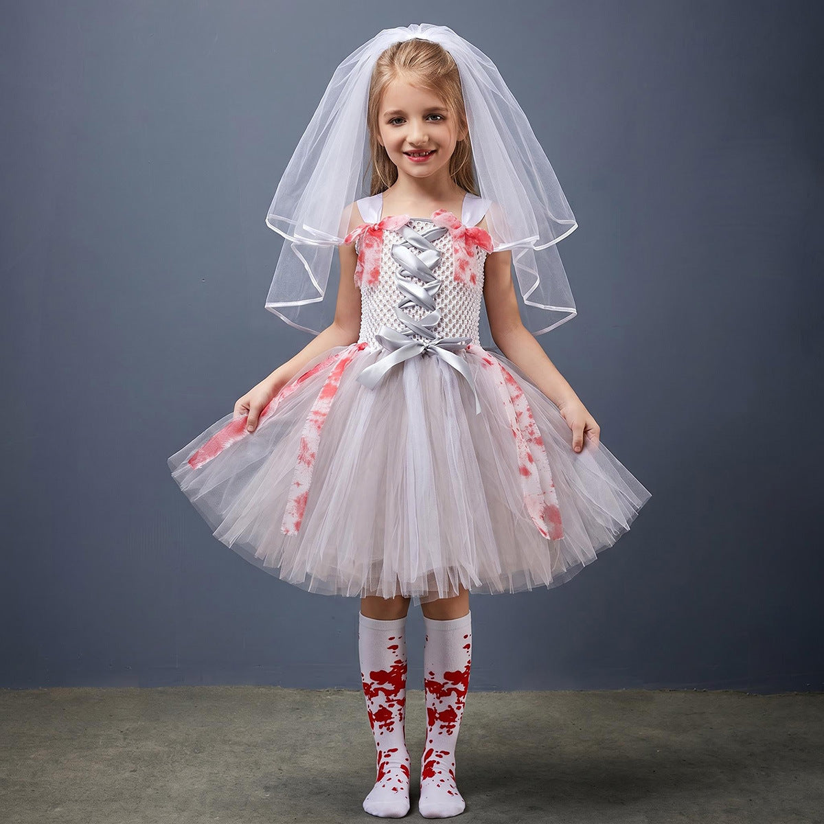 Zombie Braut Kostüm Mädchen – Halloween Tüllkleid mit Blut-Optik, Geisterbraut Tutu Kleid für Kinder