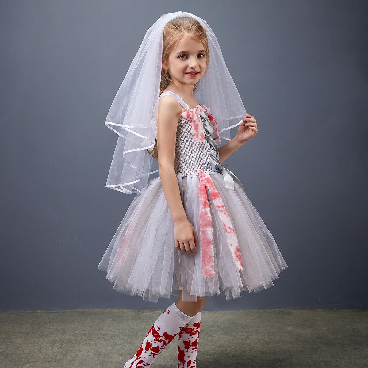 Zombie Braut Kostüm Mädchen – Halloween Tüllkleid mit Blut-Optik, Geisterbraut Tutu Kleid für Kinder