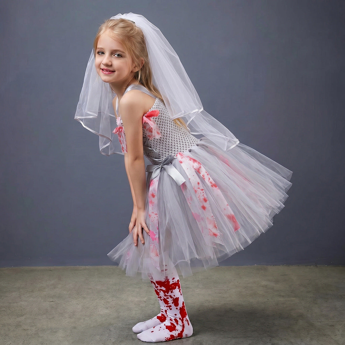 Zombie Braut Kostüm Mädchen – Halloween Tüllkleid mit Blut-Optik, Geisterbraut Tutu Kleid für Kinder