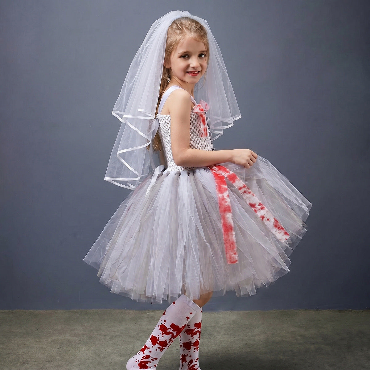 Zombie Braut Kostüm Mädchen – Halloween Tüllkleid mit Blut-Optik, Geisterbraut Tutu Kleid für Kinder