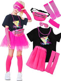 Kinder Mädchen 9Stück 80s Kostüm Set T-Shirt Tutu Fancy Outfits 1980s Party Kleid Faschingkostüm